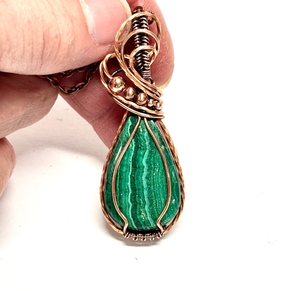 HANDMADE Malachite Hand Wrapped Copper and Copper Bead Pendant, Gift for Her - Picture 4 of 10